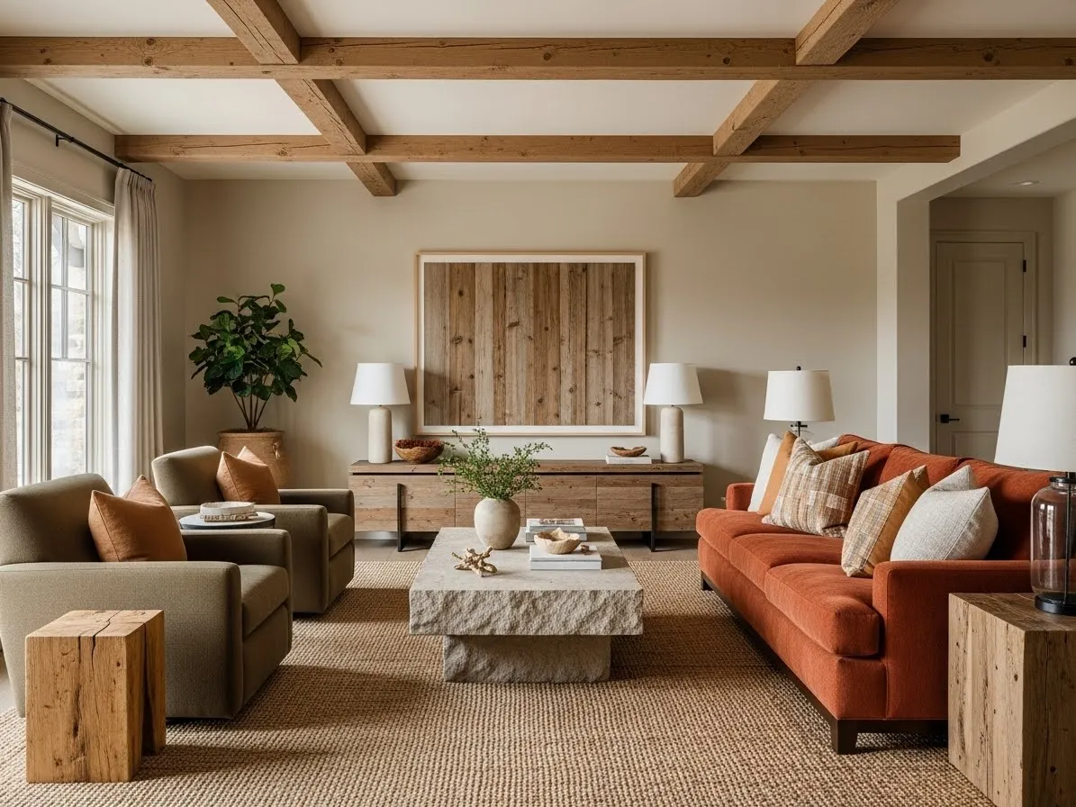 Rustic modern living room with warm earthy tones and natural textures