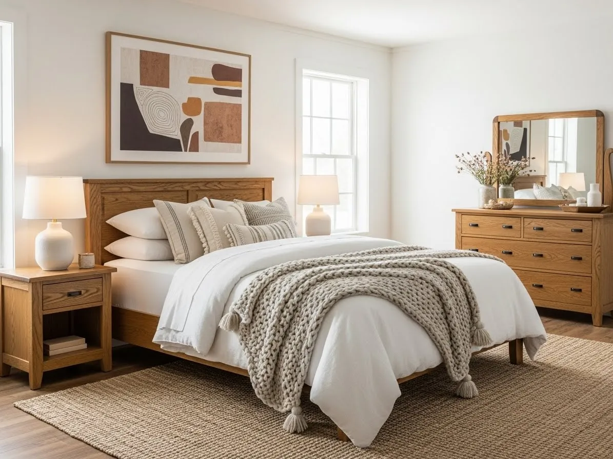 Rustic oak furniture paired with white walls in a bedroom