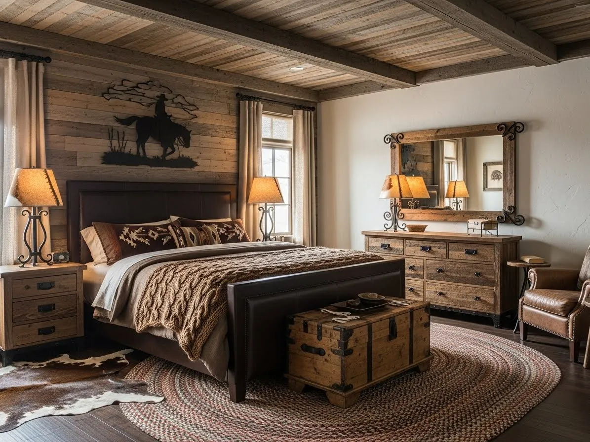 Western bedroom showcasing rustic materials like leather, wood, and wrought iron.