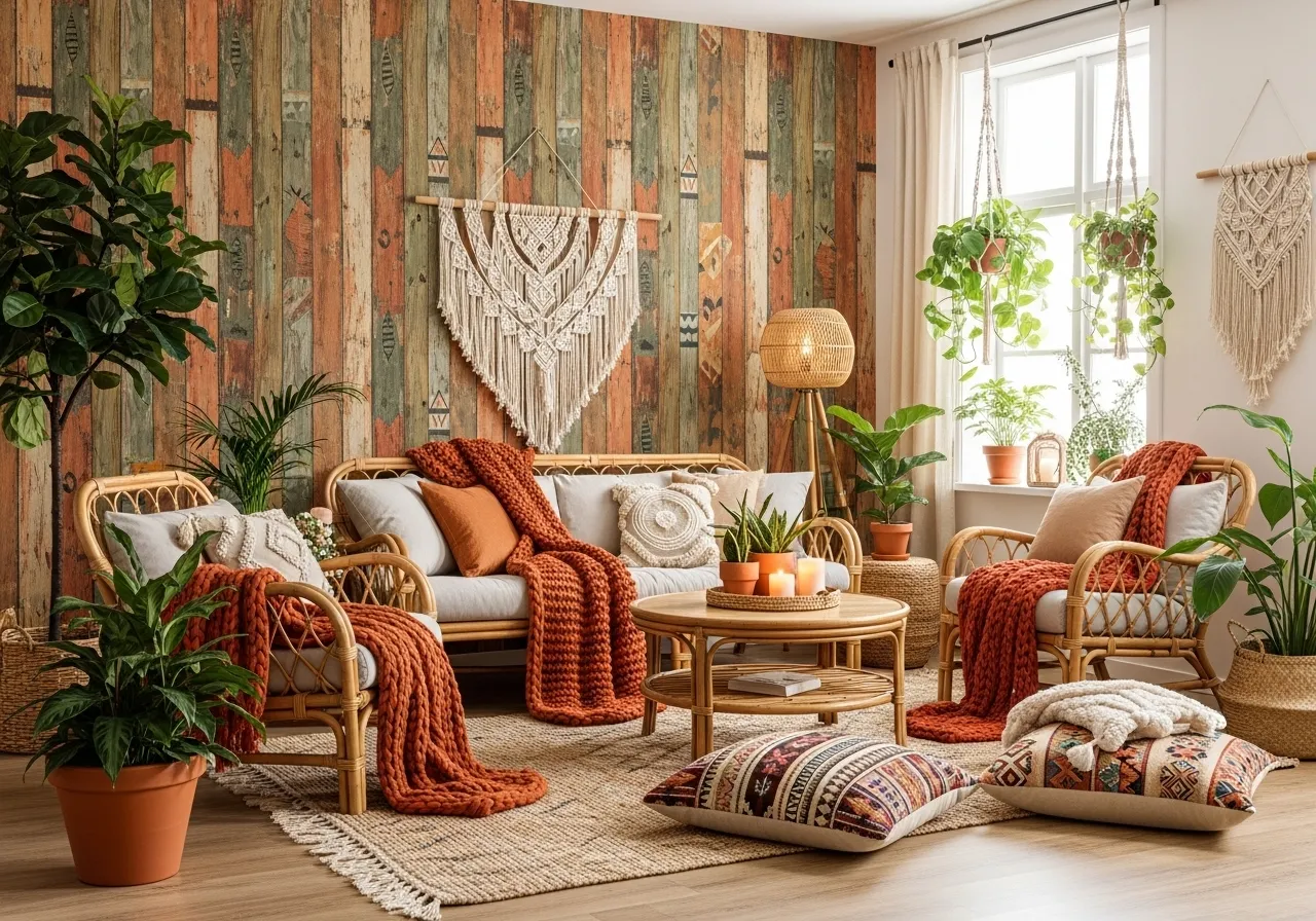 Boho living room with rustic wood-effect wallpaper