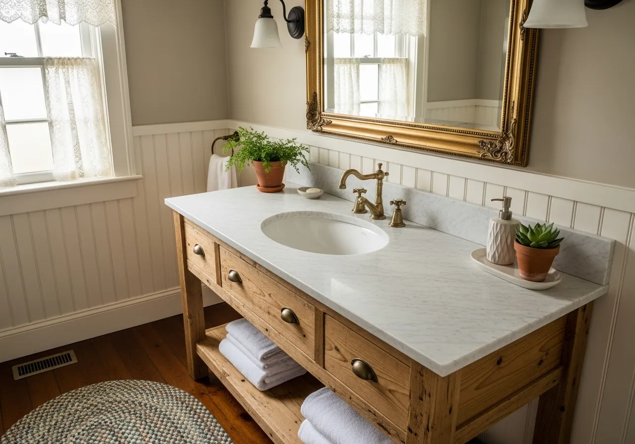 Rustic wood vanity in cottage bathroom