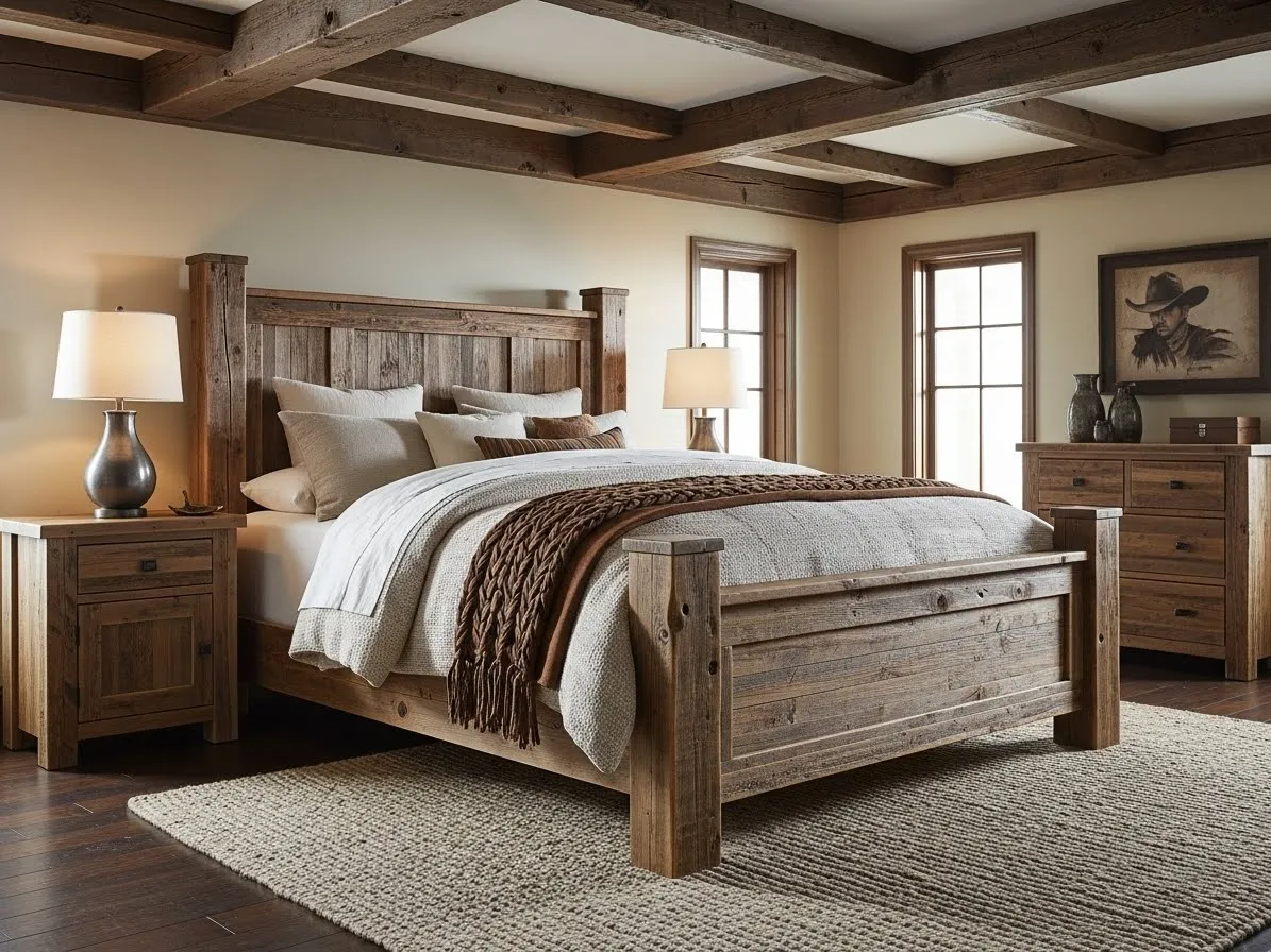 Rustic western bedroom with reclaimed wood bed frame and warm natural textures.