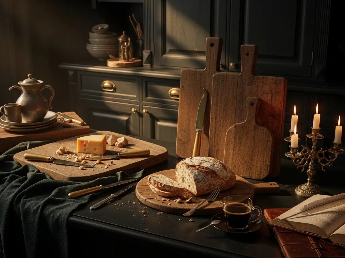 Rustic wooden cutting boards and utensils in a dark academia kitchen
