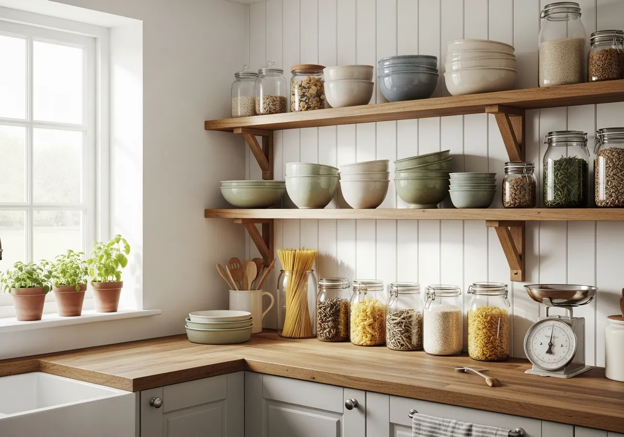 Country kitchen ideas with rustic wooden shelves and cozy open storage