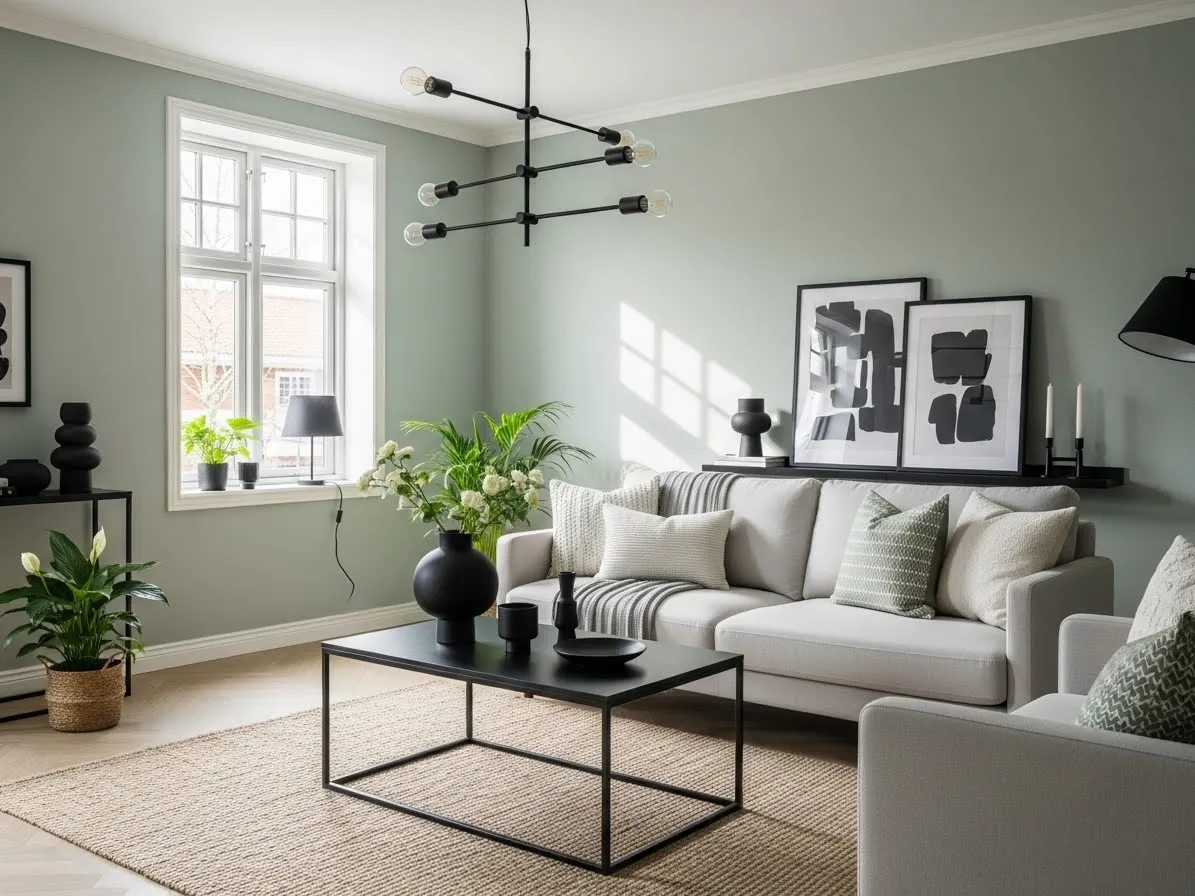 sage green living room ideas with black accents and modern decor