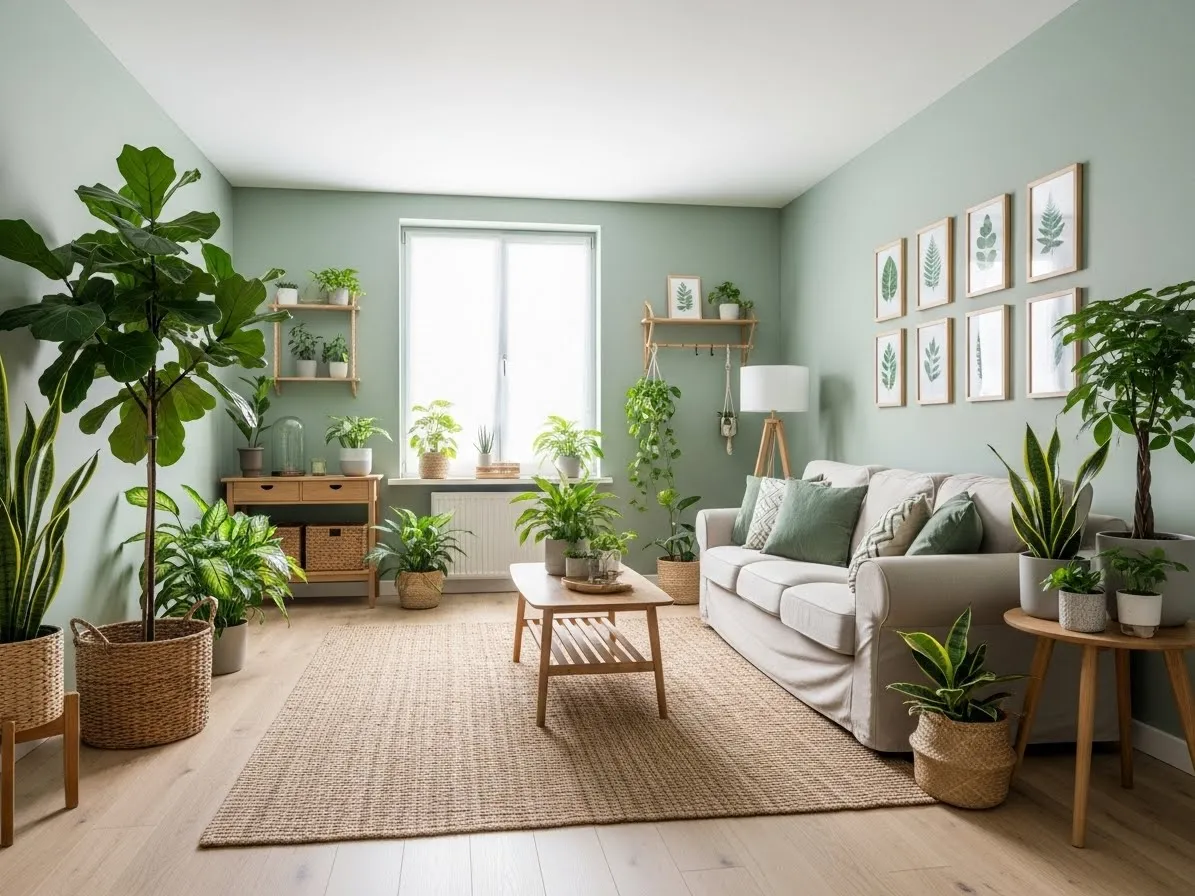 sage green living room ideas with plants and botanical accents