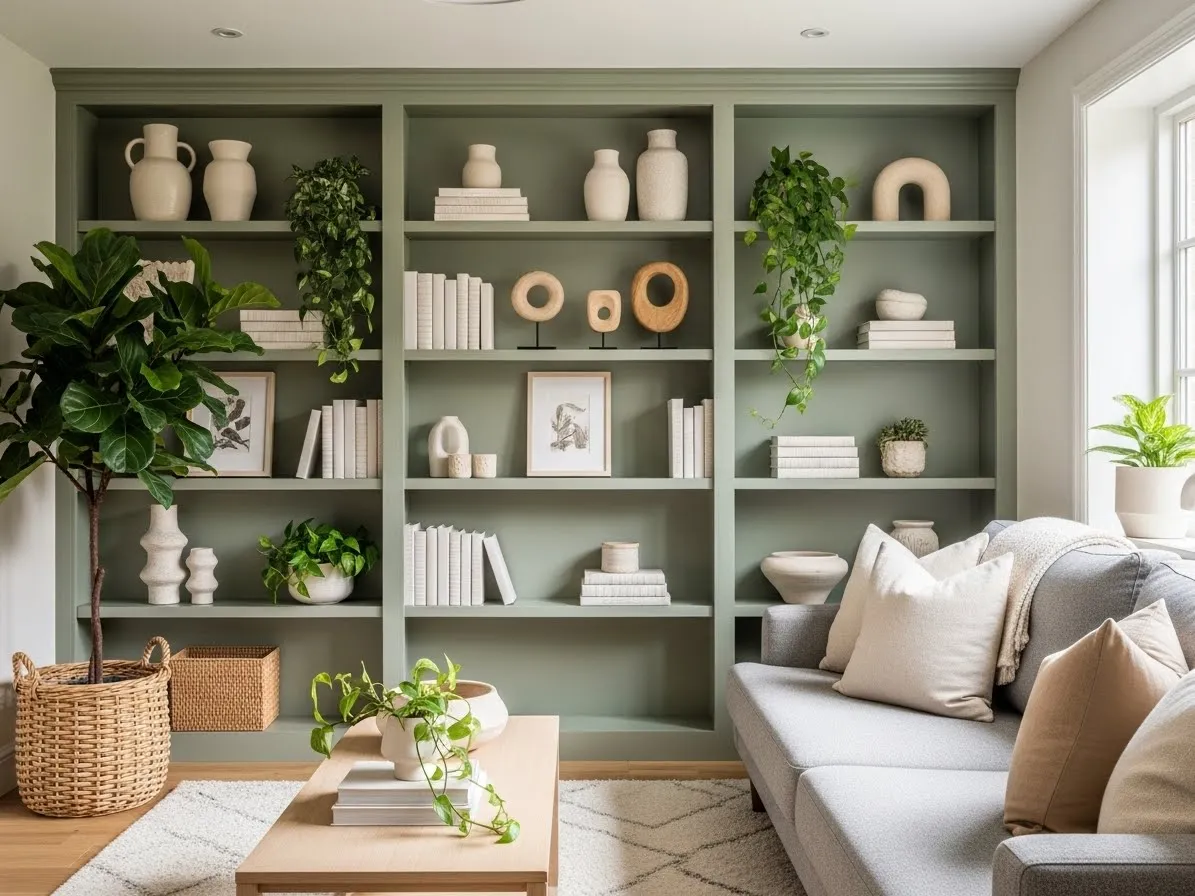 sage green living room ideas with built in shelving and neutral decor