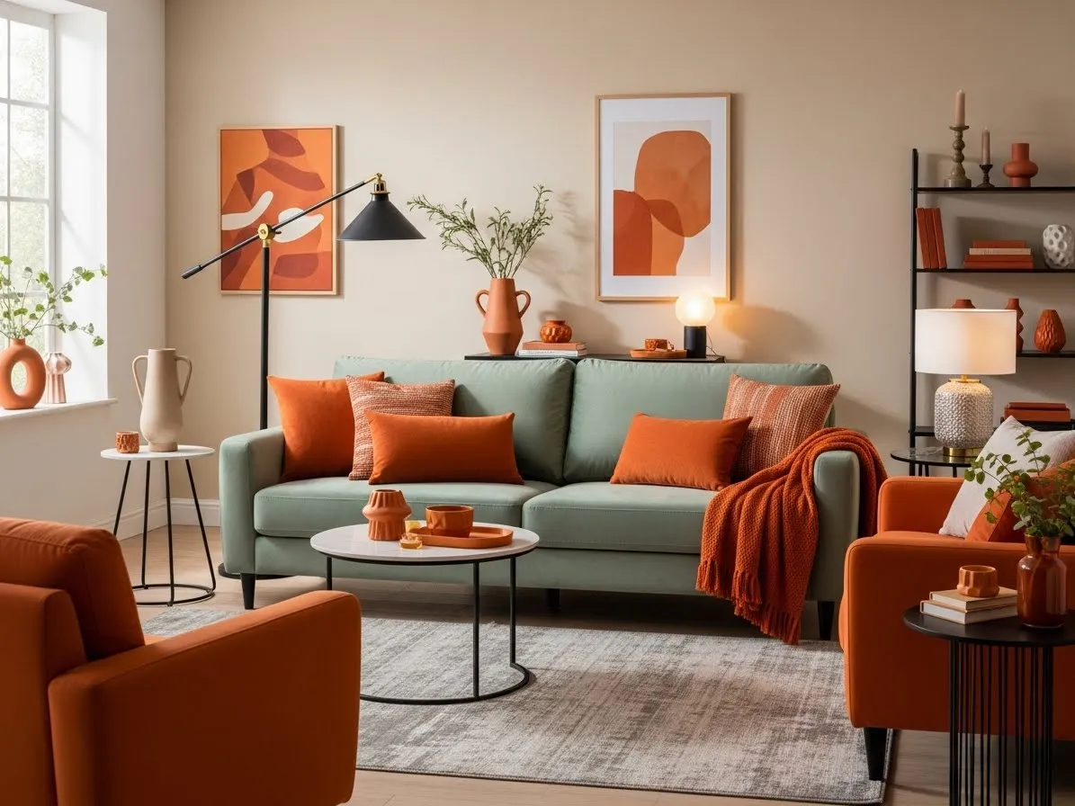 sage green living room ideas with burnt orange accent decor