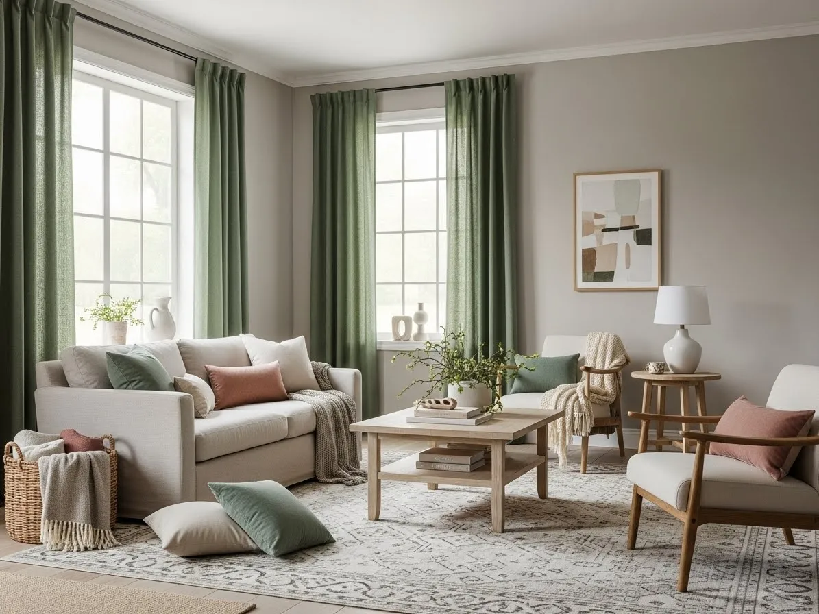 sage green living room ideas using sage green curtains for soft color