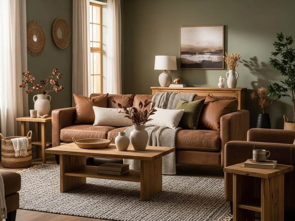 sage green living room ideas with earthy brown tones and wood accents