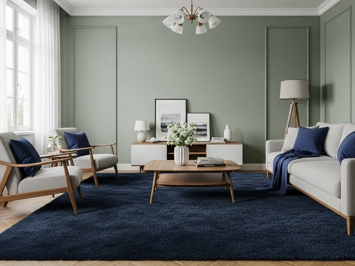 sage green living room ideas with navy blue contrast accents