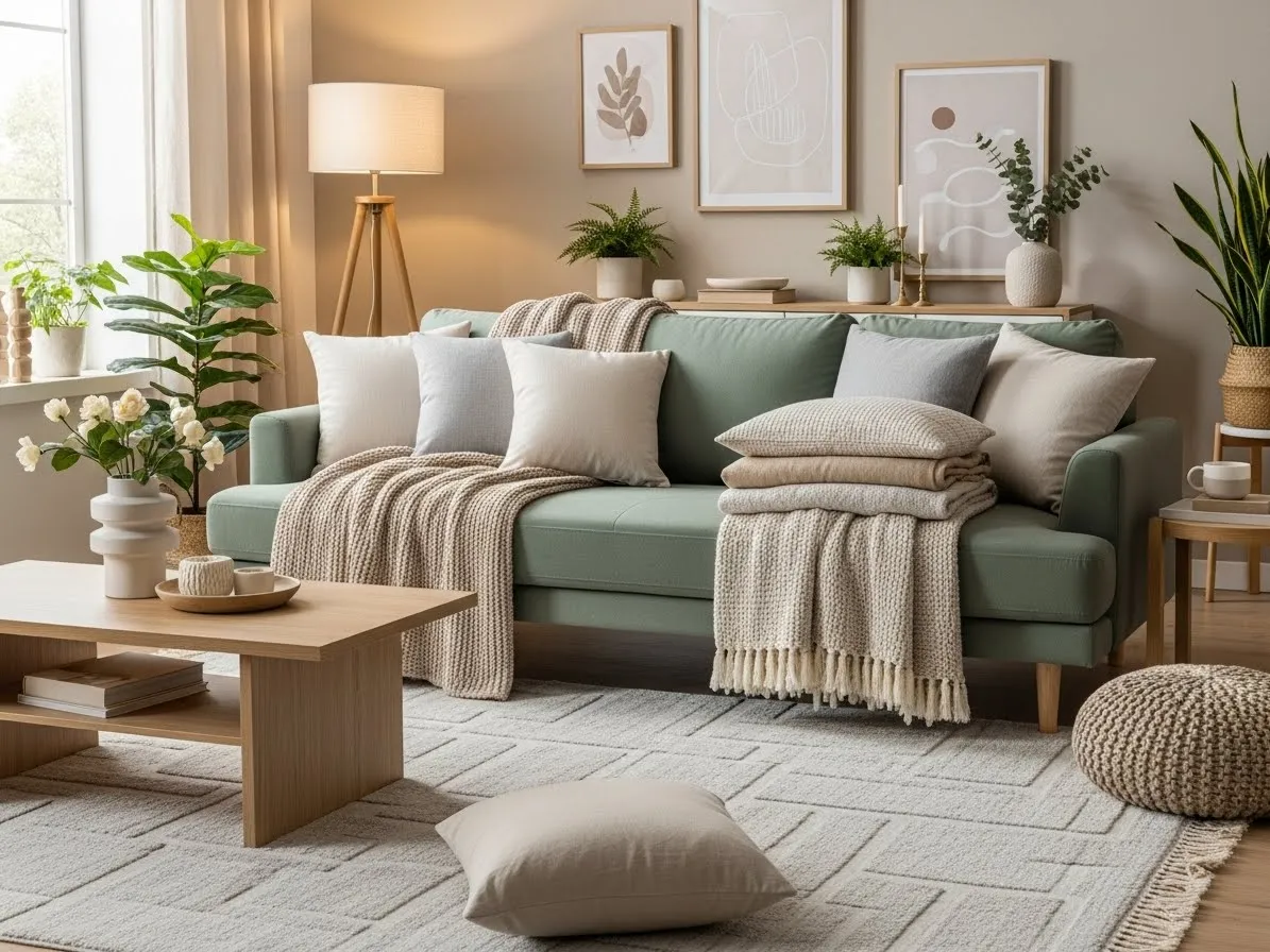 sage green living room ideas featuring a sage green sofa and layered textures