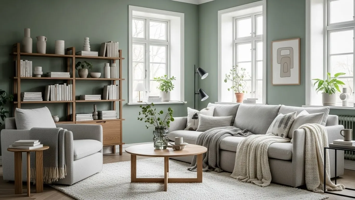 sage green living room with neutral furniture and wood accents
