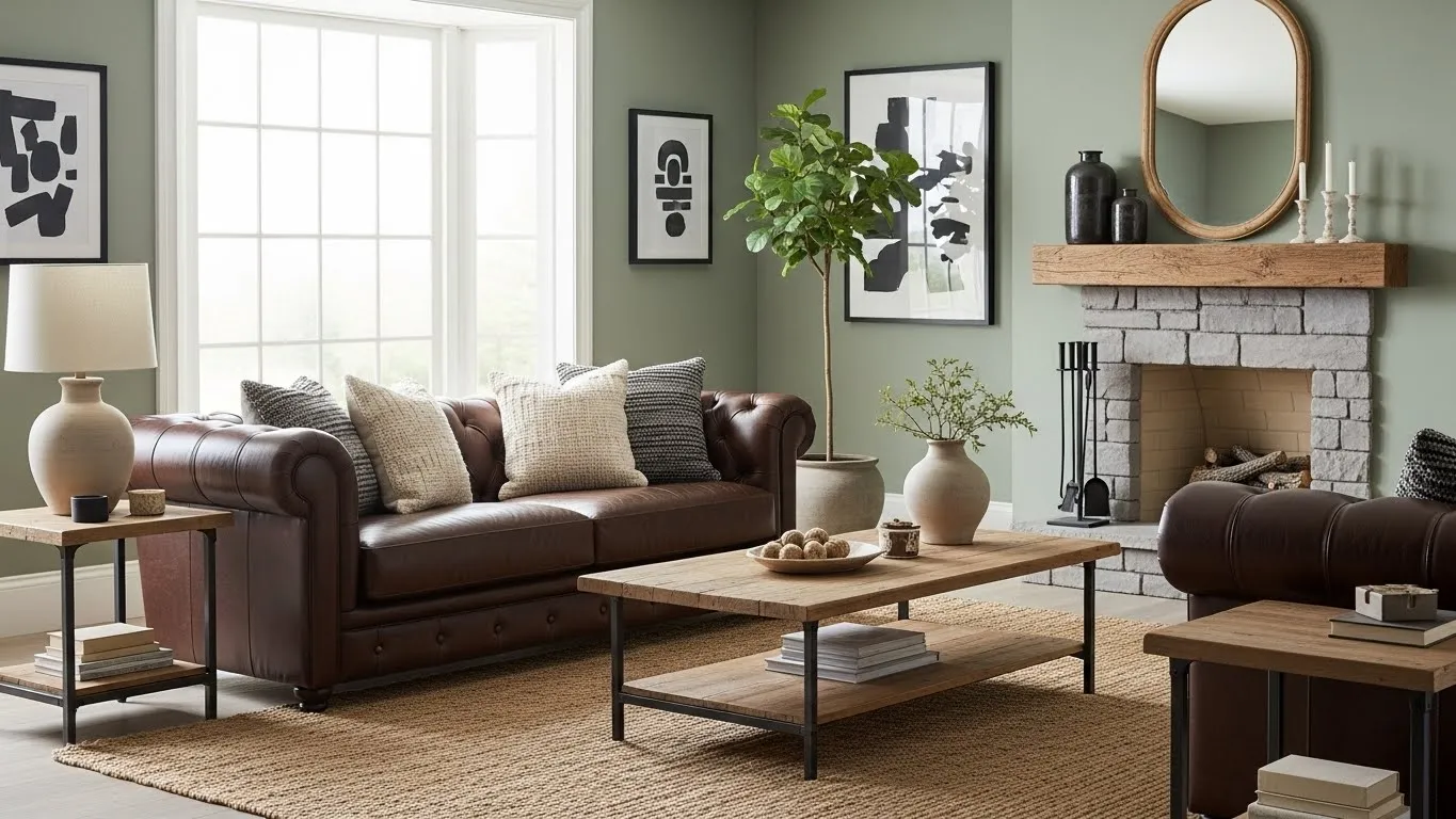 Masculine living room with sage green walls and warm textures