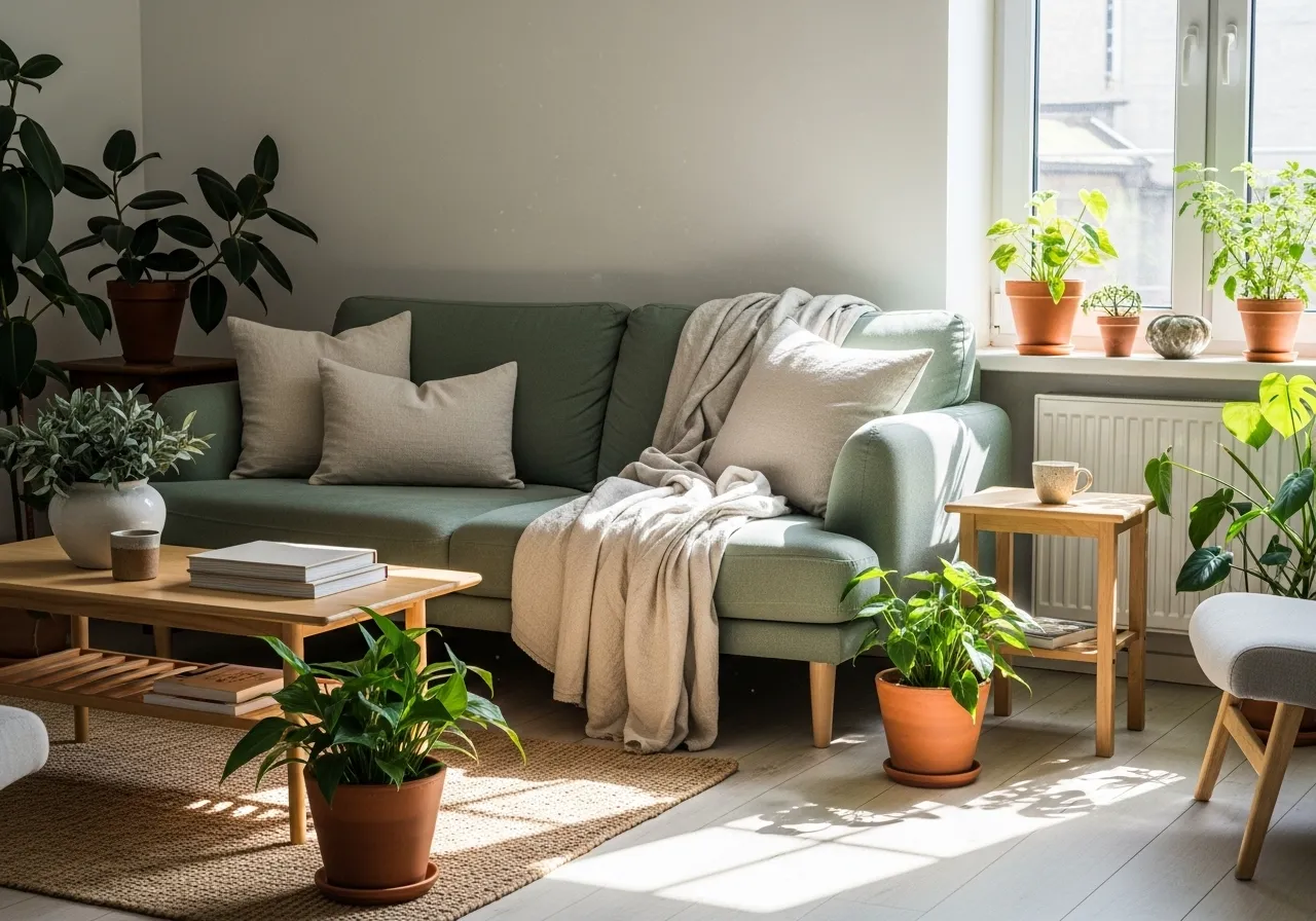 Relaxing sage living-room-with-green-sofa with natural decor