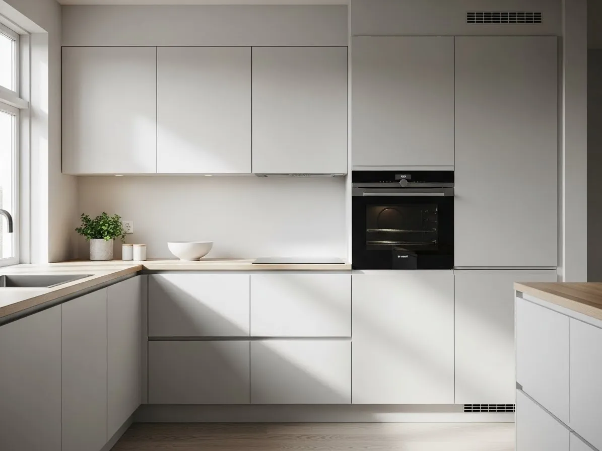 Minimal Scandinavian kitchen with flat-front handleless cabinets and a clean uncluttered look.
