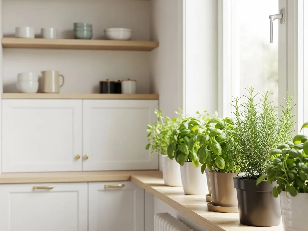 Scandinavian kitchen with potted herbs and greenery on a sunny windowsill for a fresh natural look.