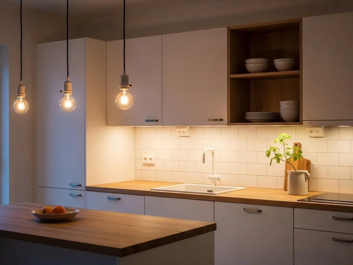 Scandinavian kitchen with layered lighting using pendant lights and under-cabinet lighting for a warm cozy glow.