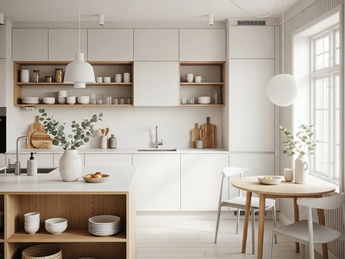 Scandinavian kitchen with white cabinets and light oak accents in a bright neutral color palette.