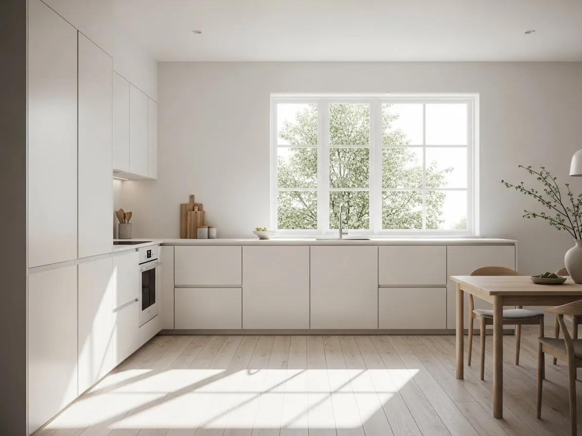  Bright Scandinavian kitchen with large window and natural light over white cabinets and wood flooring.