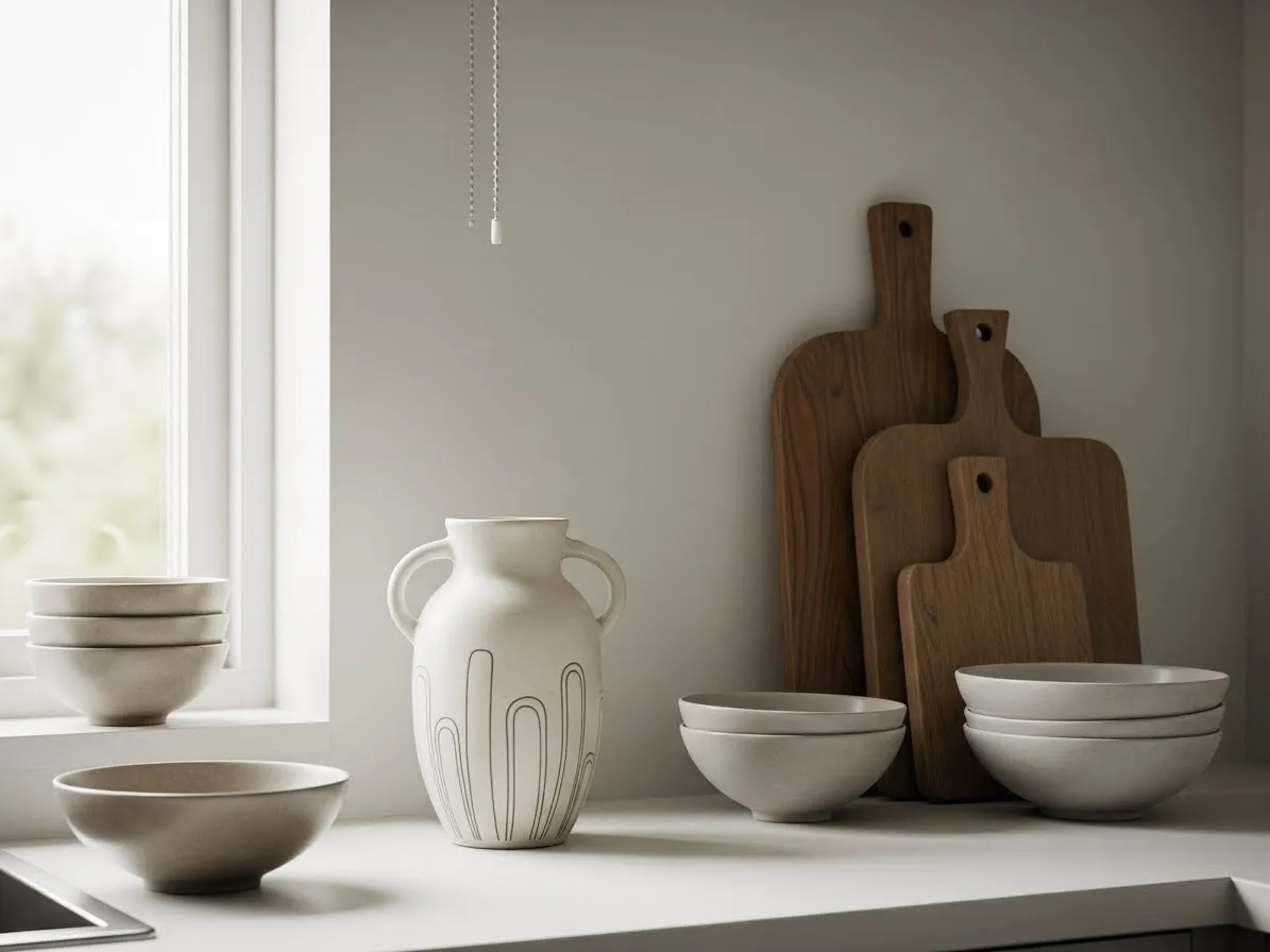 Scandinavian kitchen styled with minimal meaningful decor including ceramic pieces and wooden cutting boards.