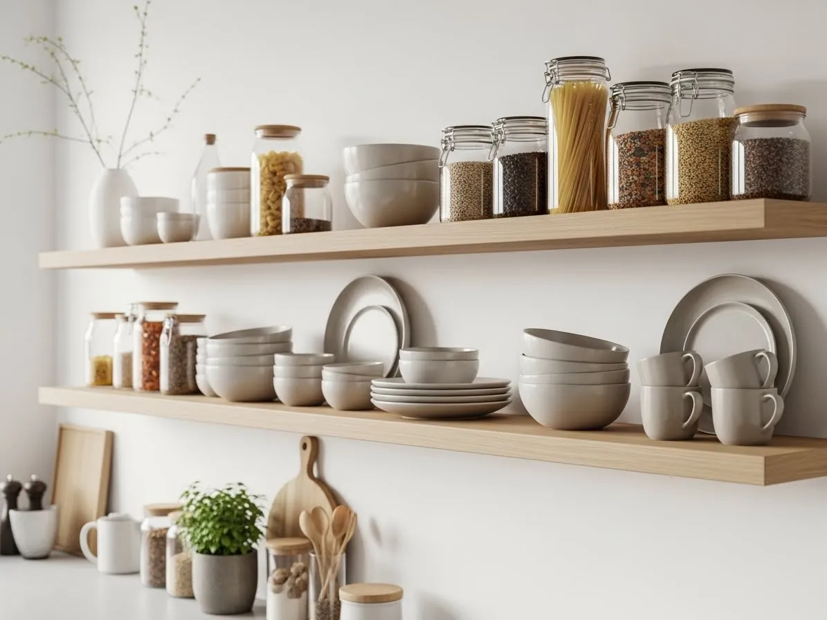 Scandinavian kitchen open shelving with neutral ceramics and glass jars styled in a minimal way.