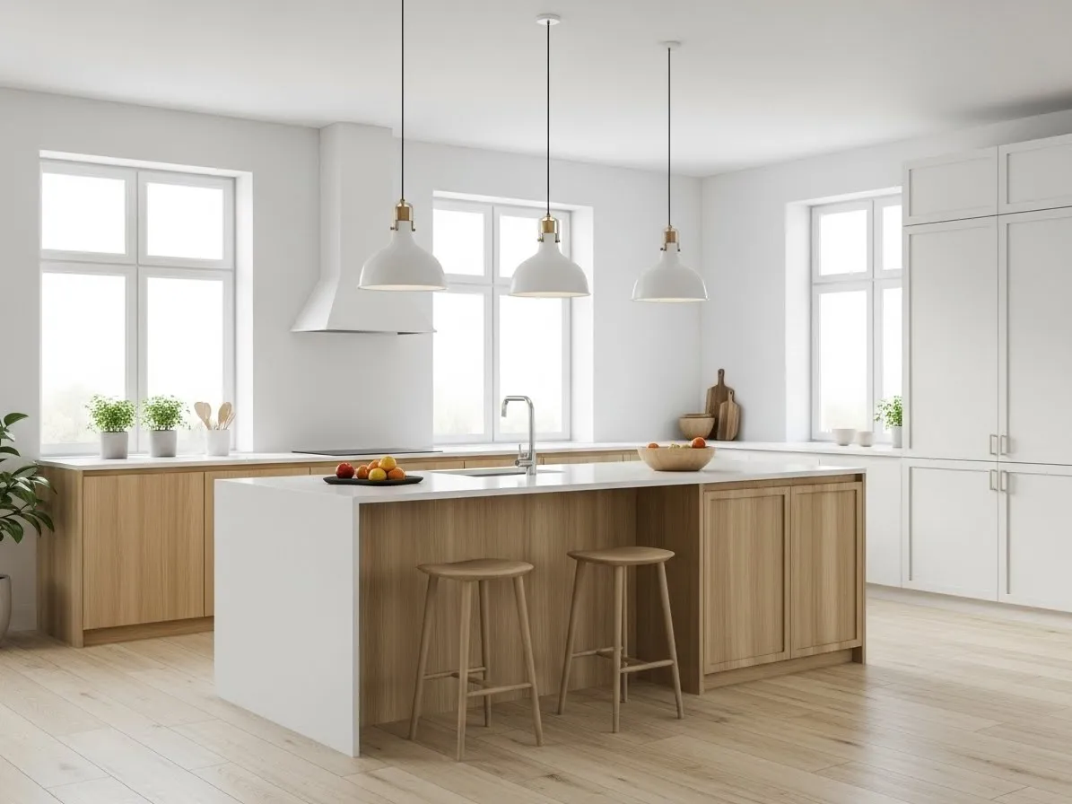 Scandinavian kitchen with a simple functional island and minimal stools in a bright airy layout.