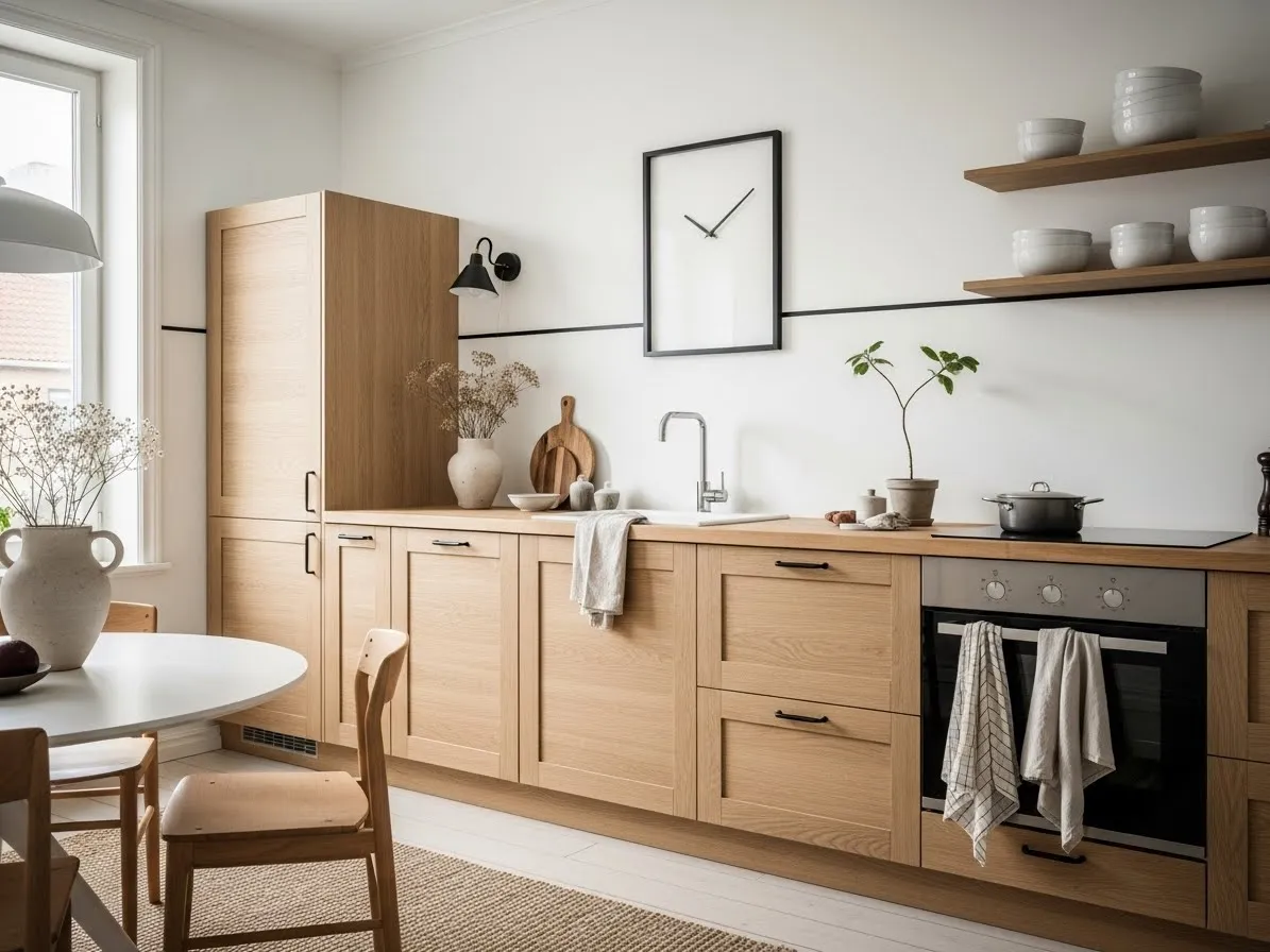 Scandinavian kitchen with warm wood tones using oak cabinets and a butcher block countertop.
