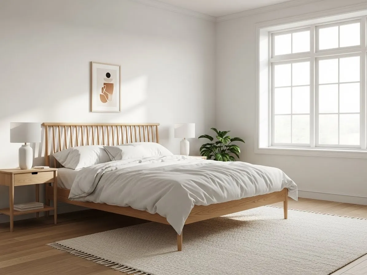 Scandinavian oak and white bedroom with minimalist design