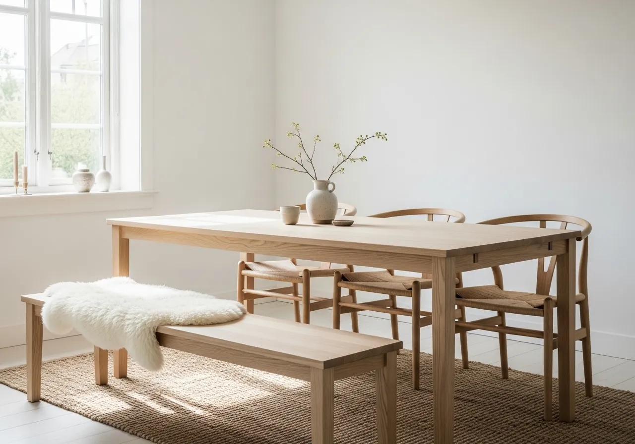 Scandinavian style pale wood dining table and bench seating