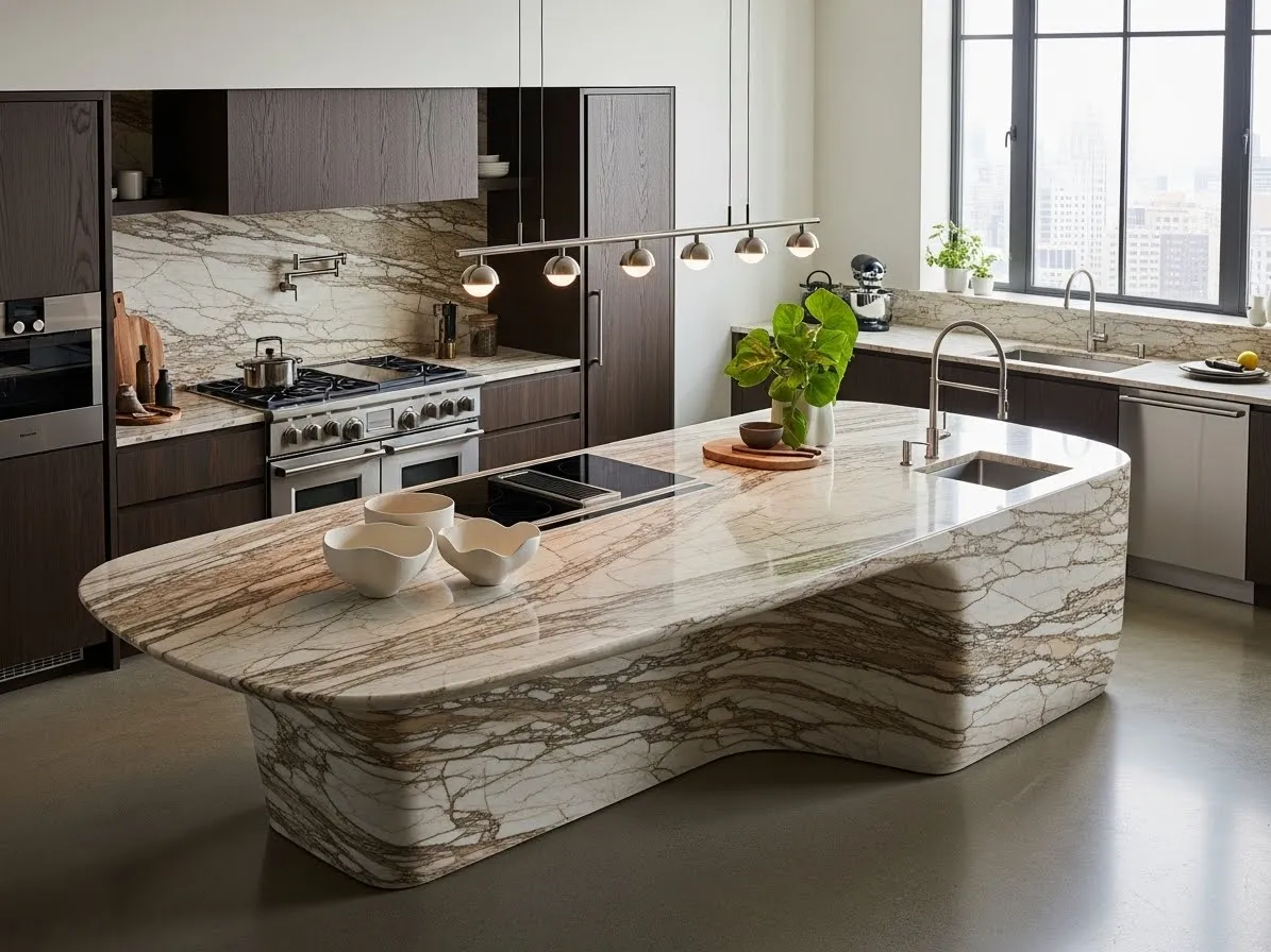 Sculptural curved kitchen island centerpiece with a high-end modern design