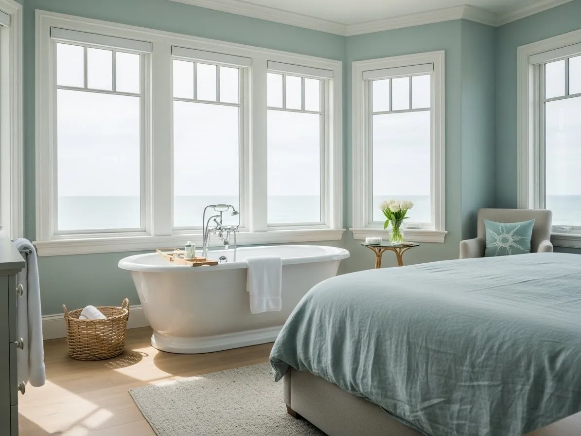 Seafoam coastal bedroom with bathtub inspired by beach house design