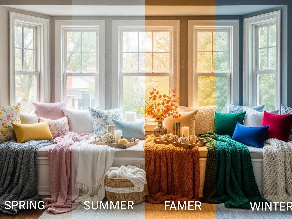 Living room with bay window styled with seasonal decor for spring, summer, fall, and winter.