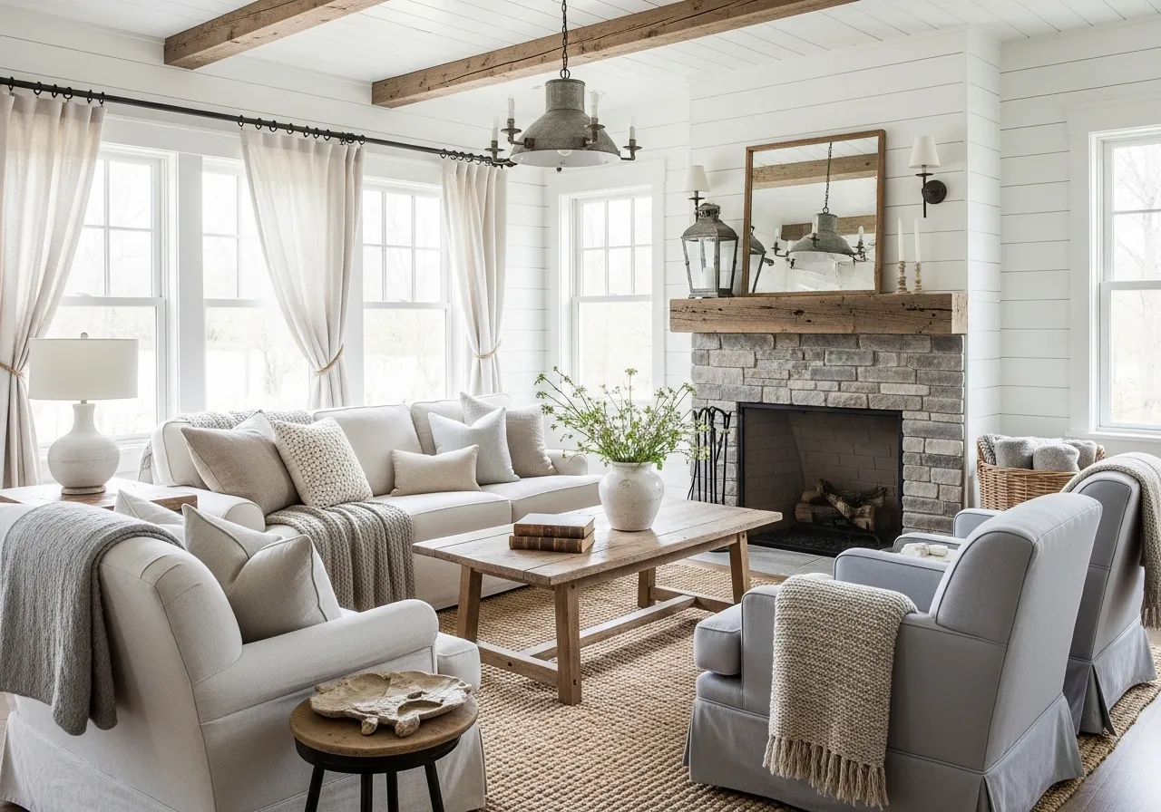 Shiplap-style farmhouse wallpaper ideas for cozy rustic walls