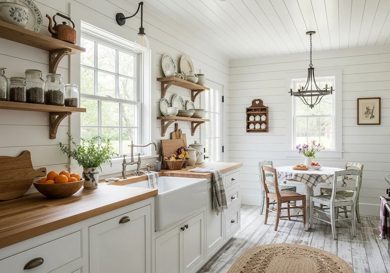 Country kitchen ideas with shiplap walls and classic farmhouse style