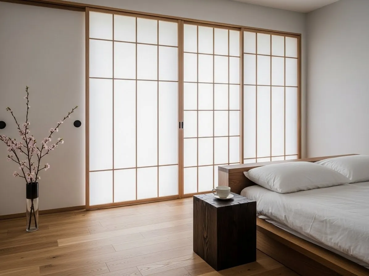 Shoji-style sliding door partition providing privacy while letting light through