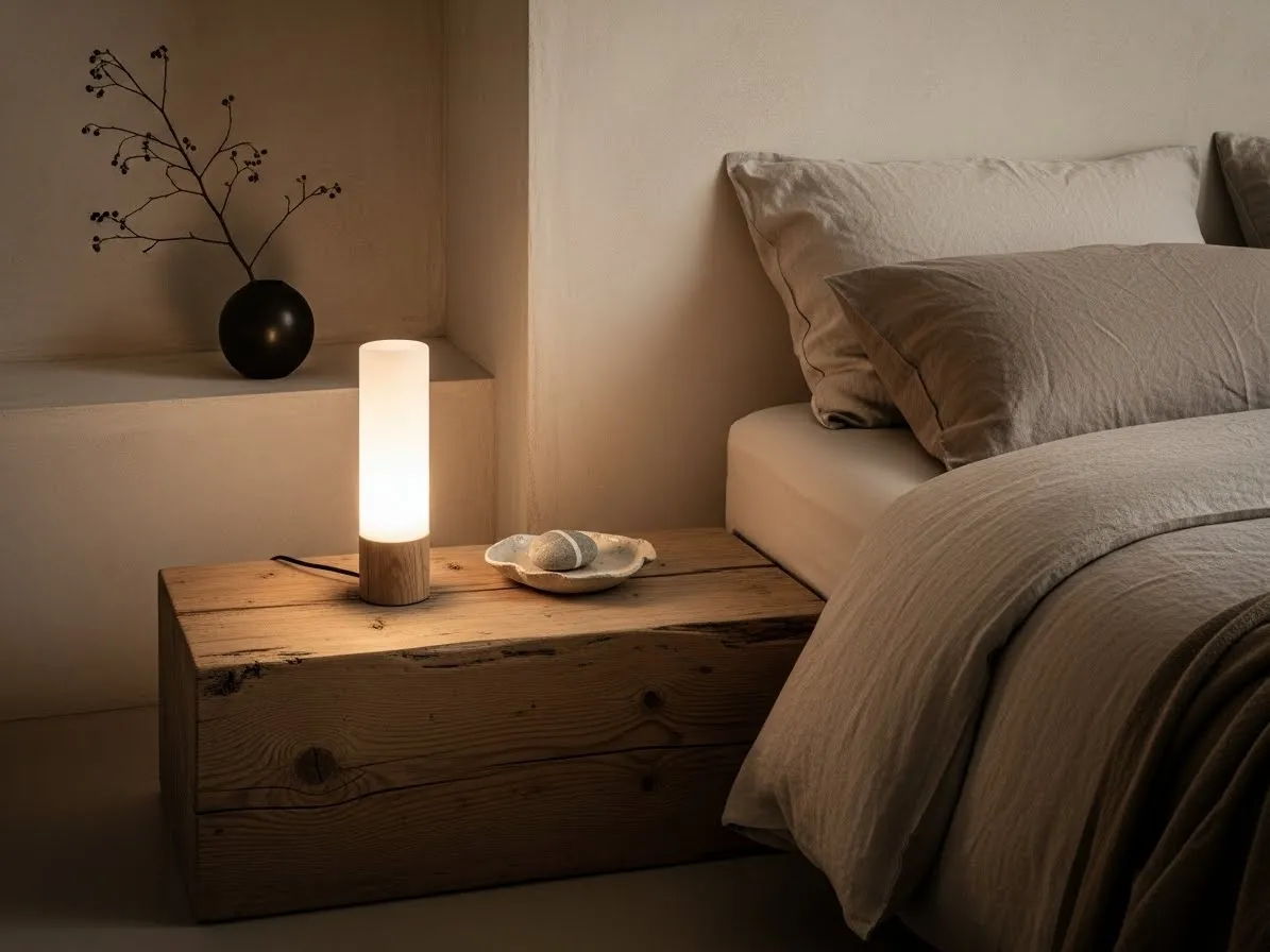 Simple functional nightstand styled in a wabi-sabi bedroom