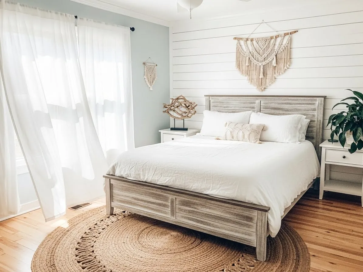 “Light blue boho coastal bedroom with white accents, natural wood furniture, and airy coastal decor”