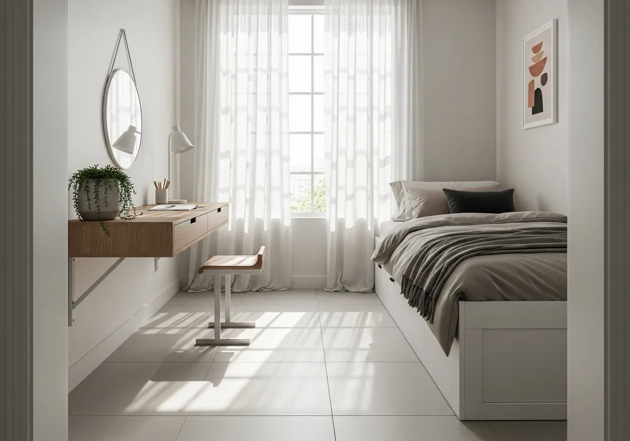 Small bedroom-with-tile-floor designed to look bright and spacious