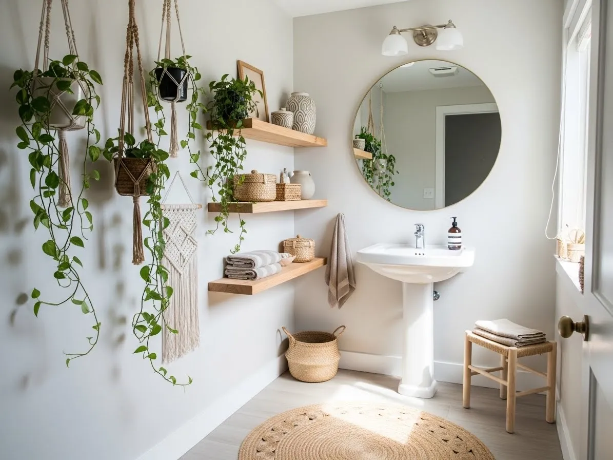 Small boho style bathroom with floating shelves, hanging plants, and space-saving decor