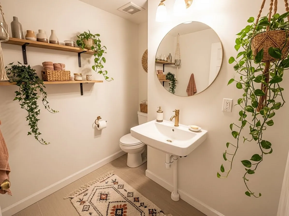Small boho style bathroom with floating shelves, round mirror, and natural decor ideas