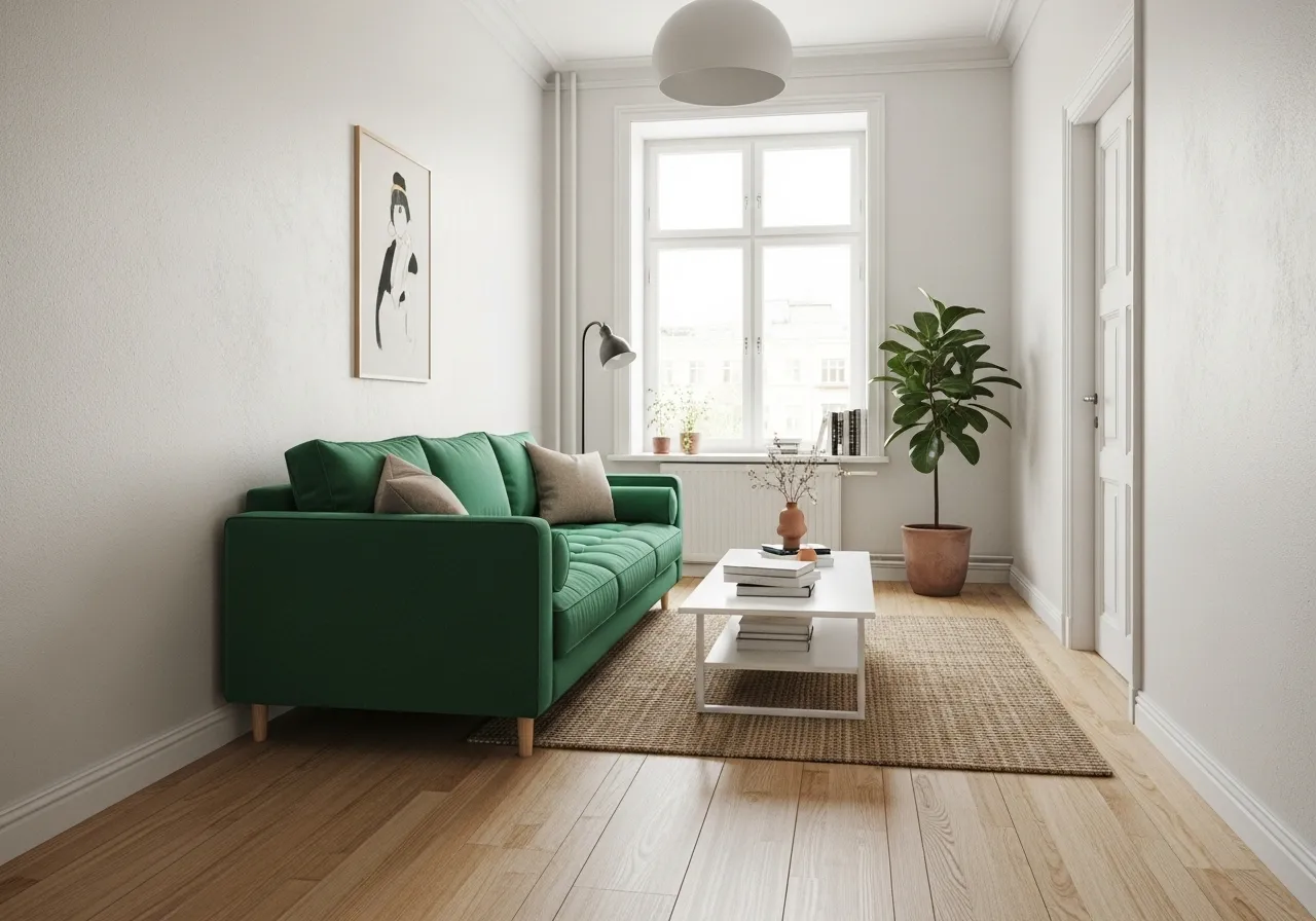 Compact living-room-with-green-sofa with light and airy styling
