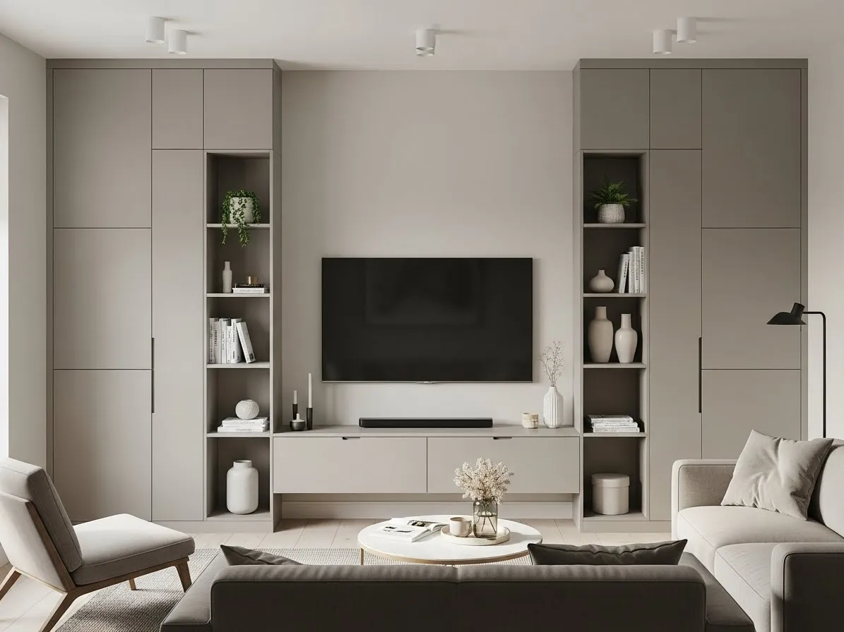 Small living room layout with TV and built-in storage for maximum function