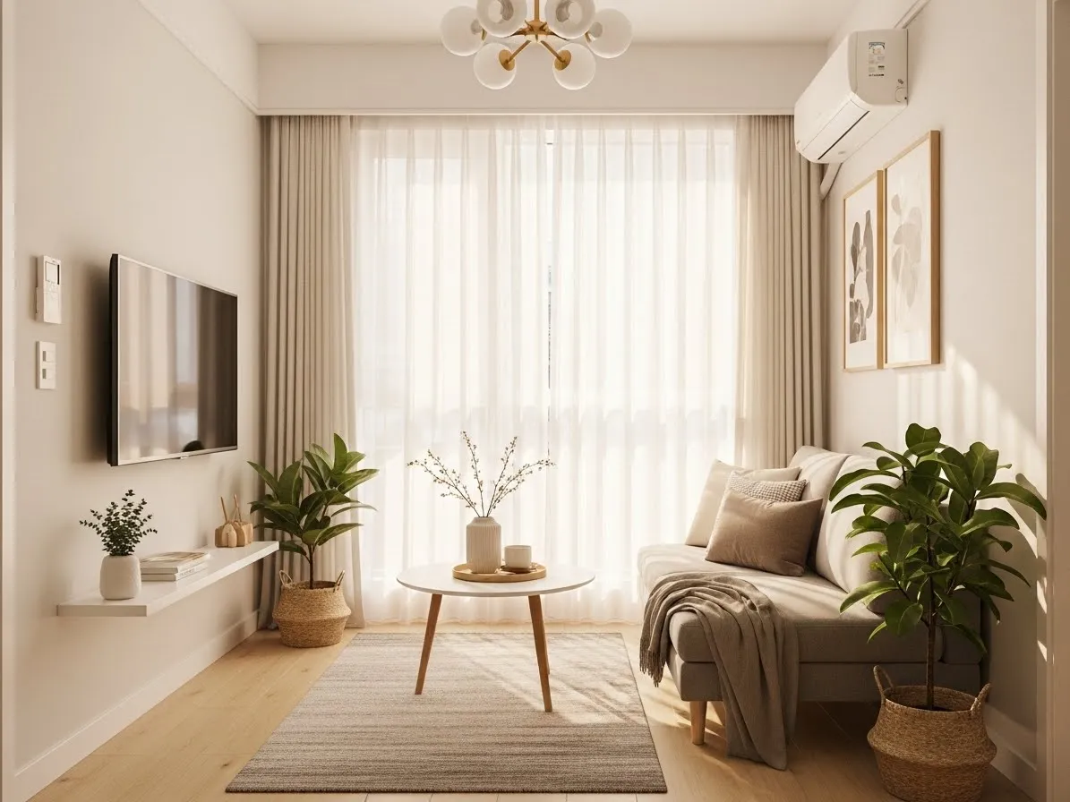 Small living room layout with TV near a window using light curtains to reduce glare