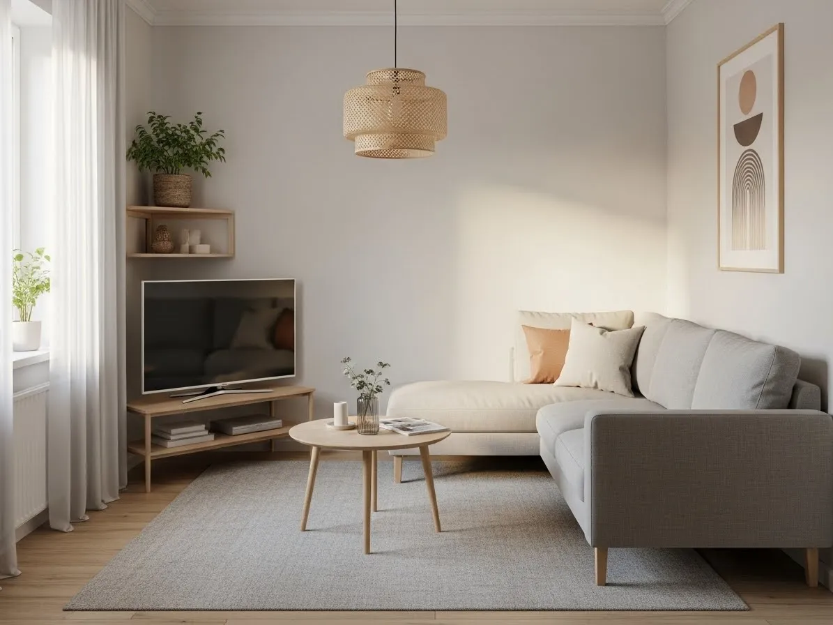 Small living room layout with TV in corner, smart solution for limited wall space