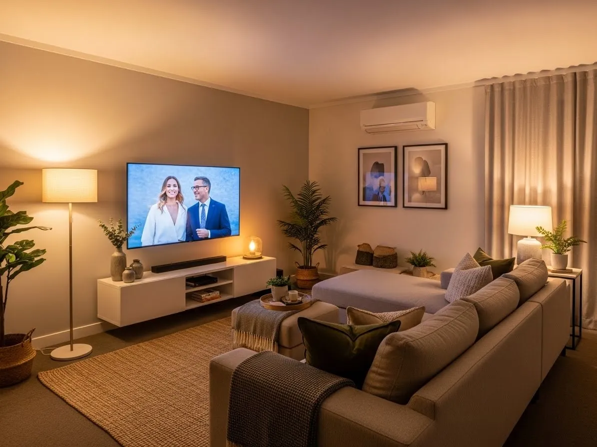 Small living room layout with TV mounted at eye level for comfortable viewing