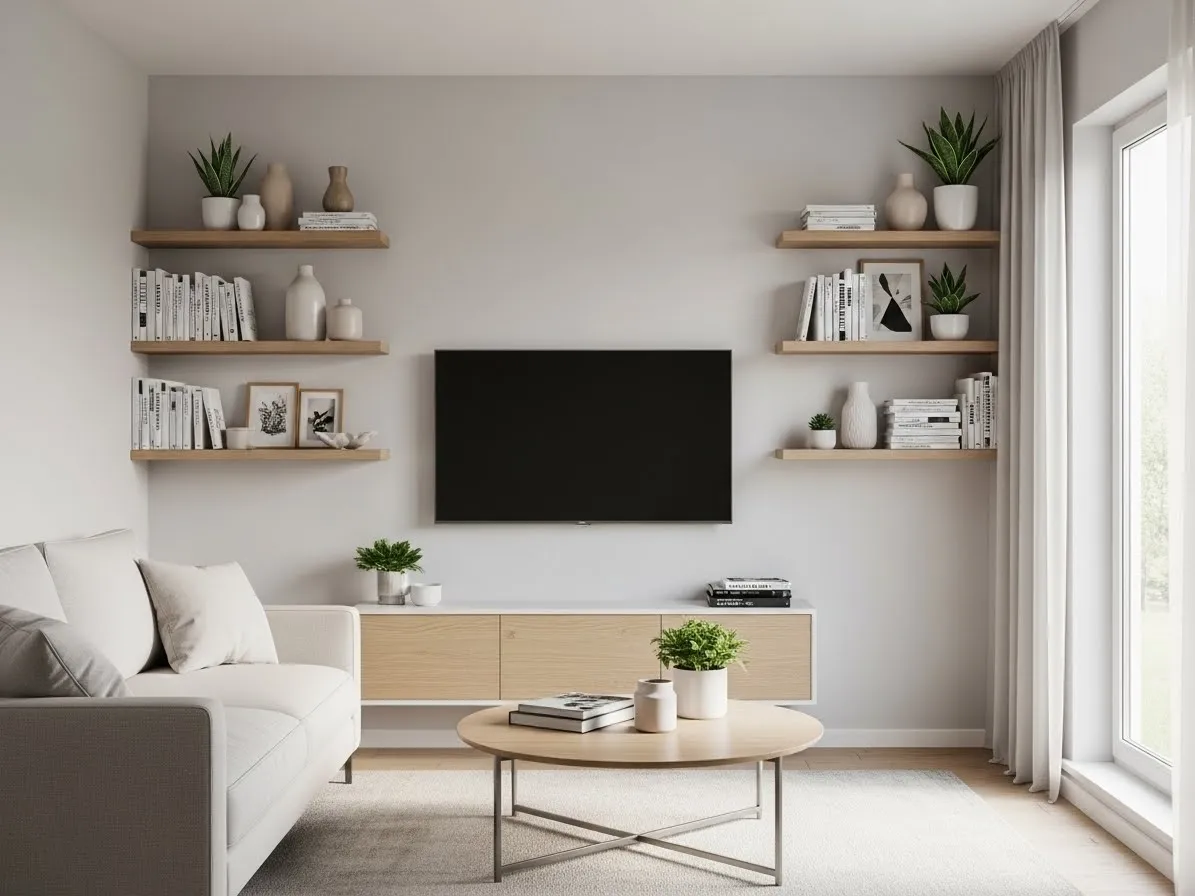 Small living room layout with TV and floating shelves for light and functional storage