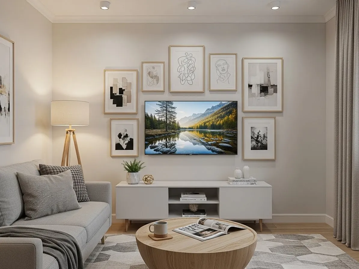 Small living room layout with TV blended into a stylish gallery wall