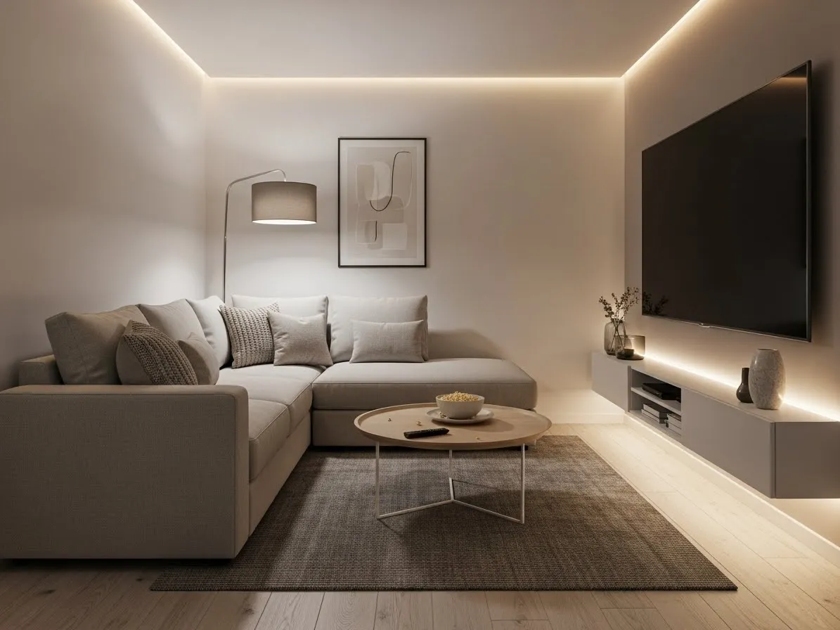 Small living room layout with TV and L-shaped sofa creating a cozy seating area
