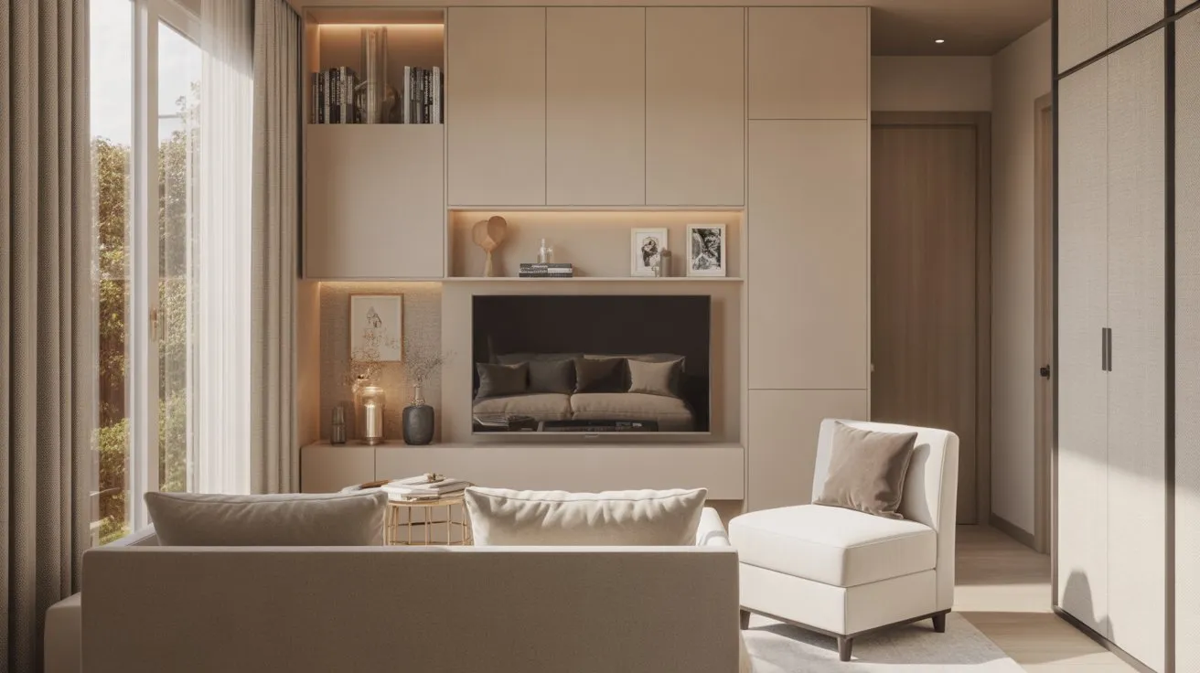 Small living room layout with TV featuring compact luxury sofa, accent chair, floating shelves, and modern elegant design